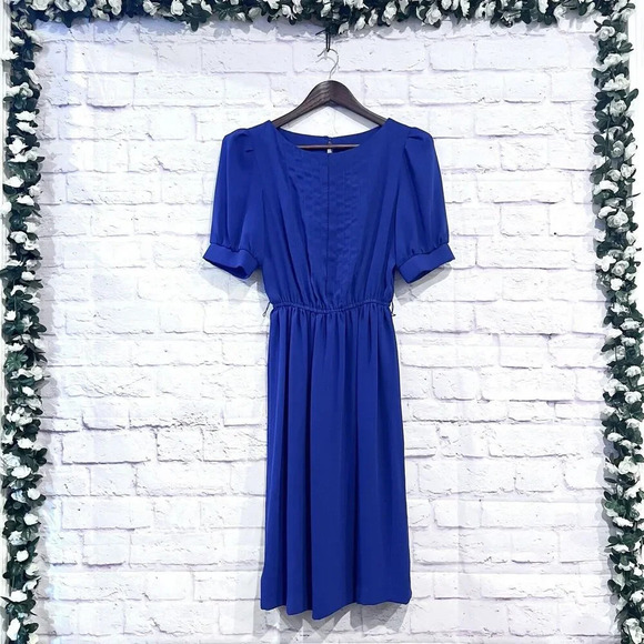 Susan Richards Size 8 Vintage Sheer‎ Blue Short Sleeve Midi Dress Elastic Waist - Picture 1 of 13